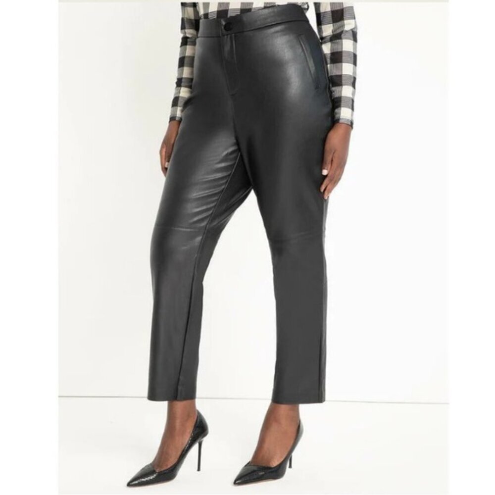 ELOQUII Faux Leather Straight Leg Pockets High Waist Zip Fly Minimalist Black 18